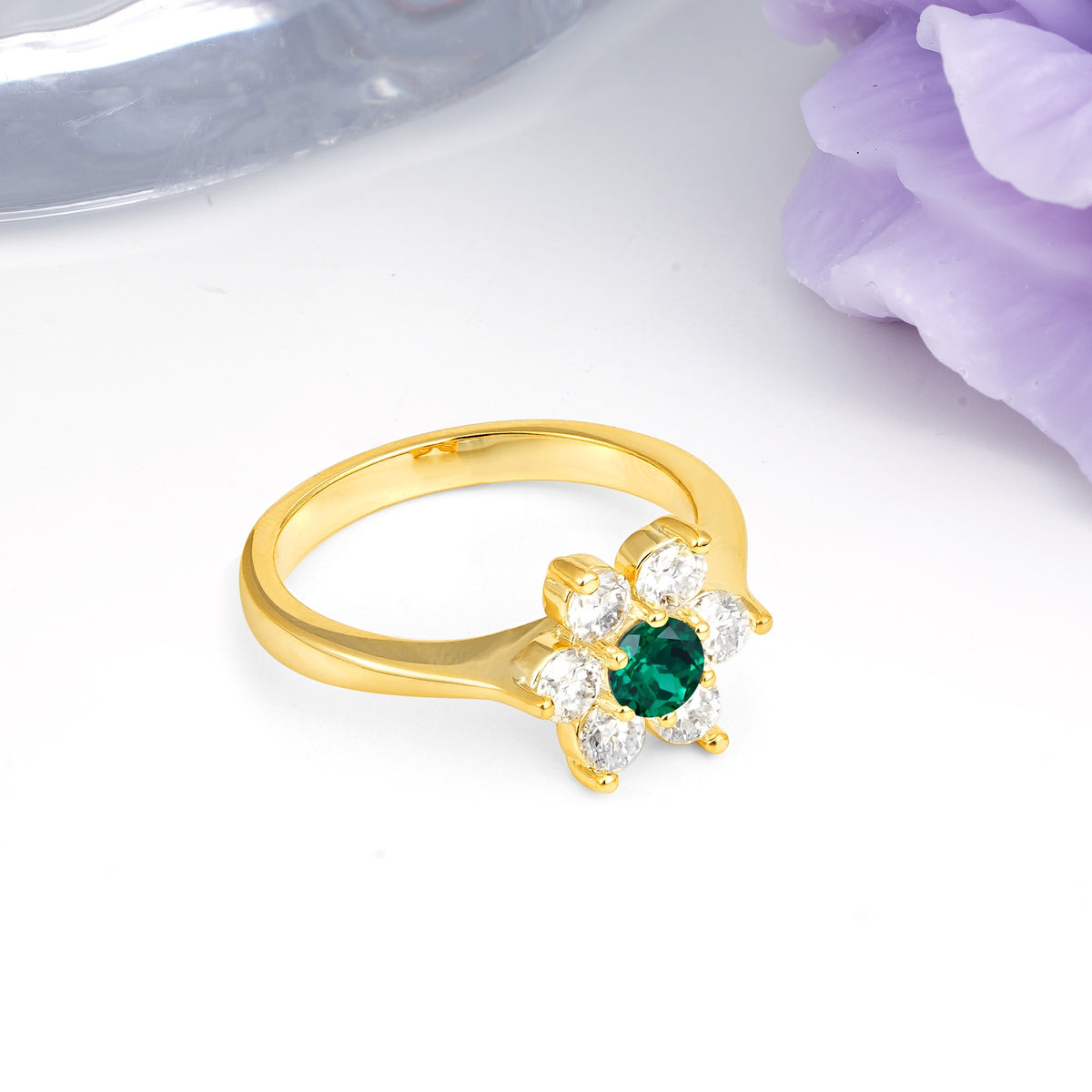 Unique Flower-Shaped 6-Prong Round Cut Emerald Engagement Ring - Additional view