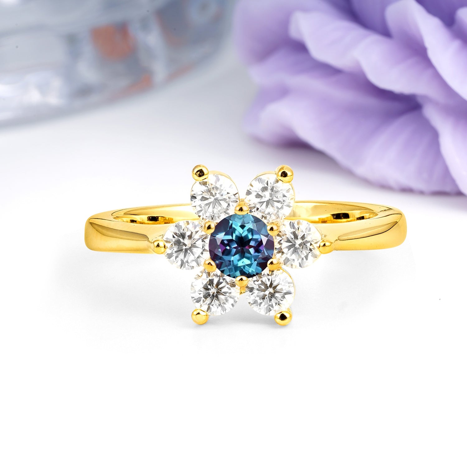 Unique Flower-Shaped 6-Prong Round Cut Alexandrite Engagement Ring - Additional view