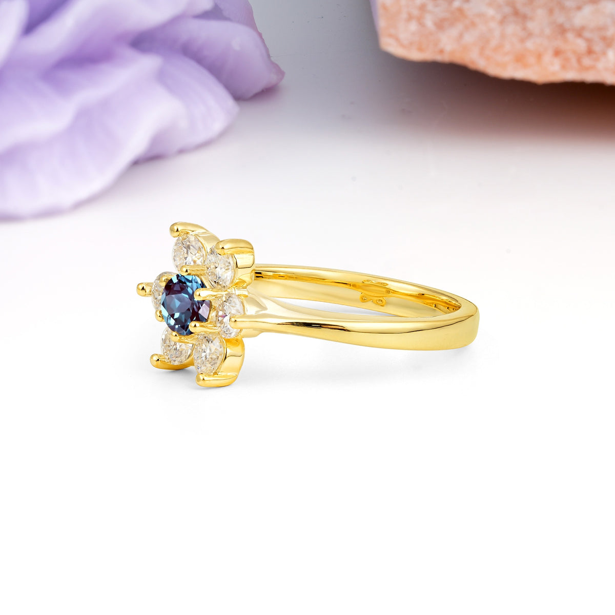 Unique Flower-Shaped 6-Prong Round Cut Alexandrite Engagement Ring - Additional view