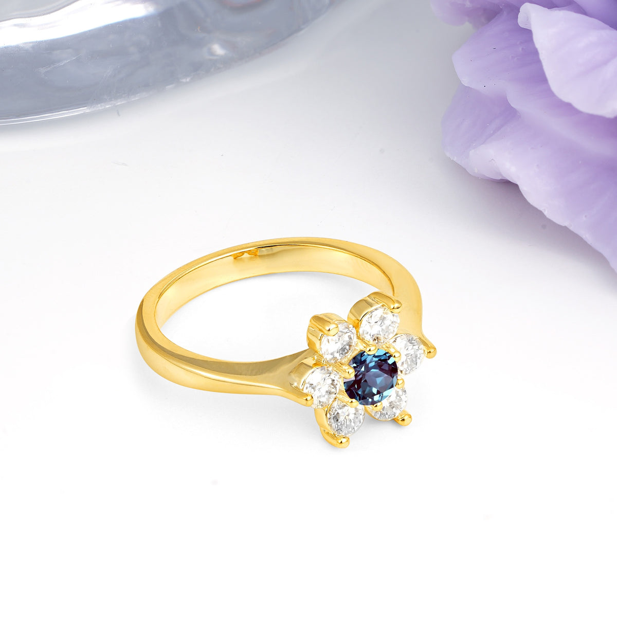 Unique Flower-Shaped 6-Prong Round Cut Alexandrite Engagement Ring - Additional view