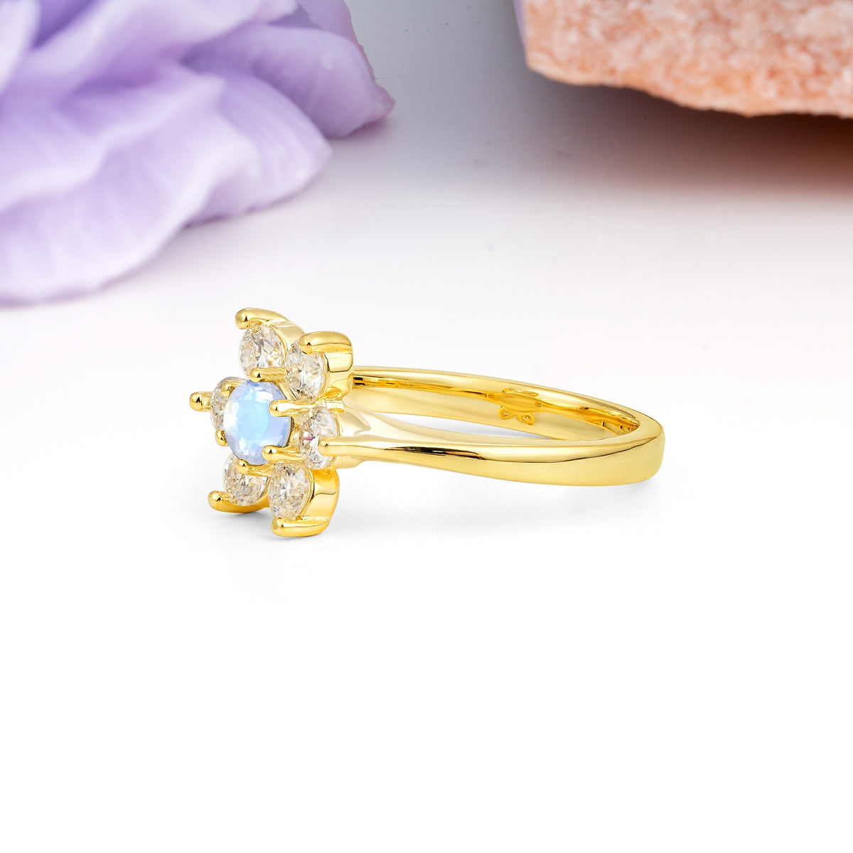 Unique Flower-Shaped 6-Prong Round Cut Moonstone Engagement Ring - Additional view