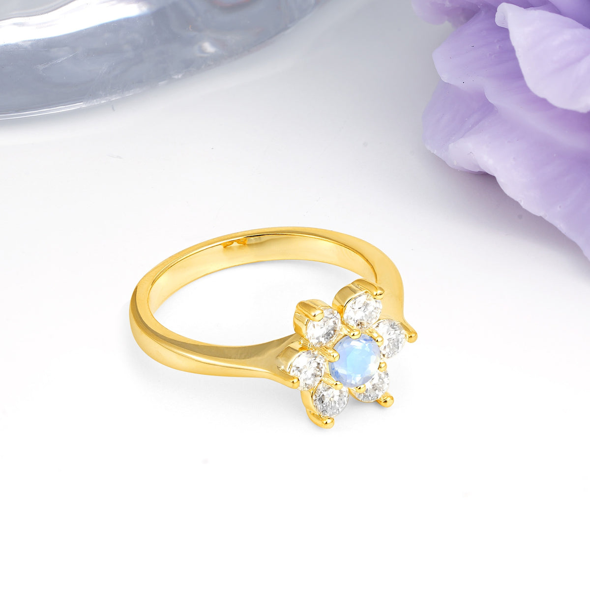 Unique Flower-Shaped 6-Prong Round Cut Moonstone Engagement Ring - Additional view