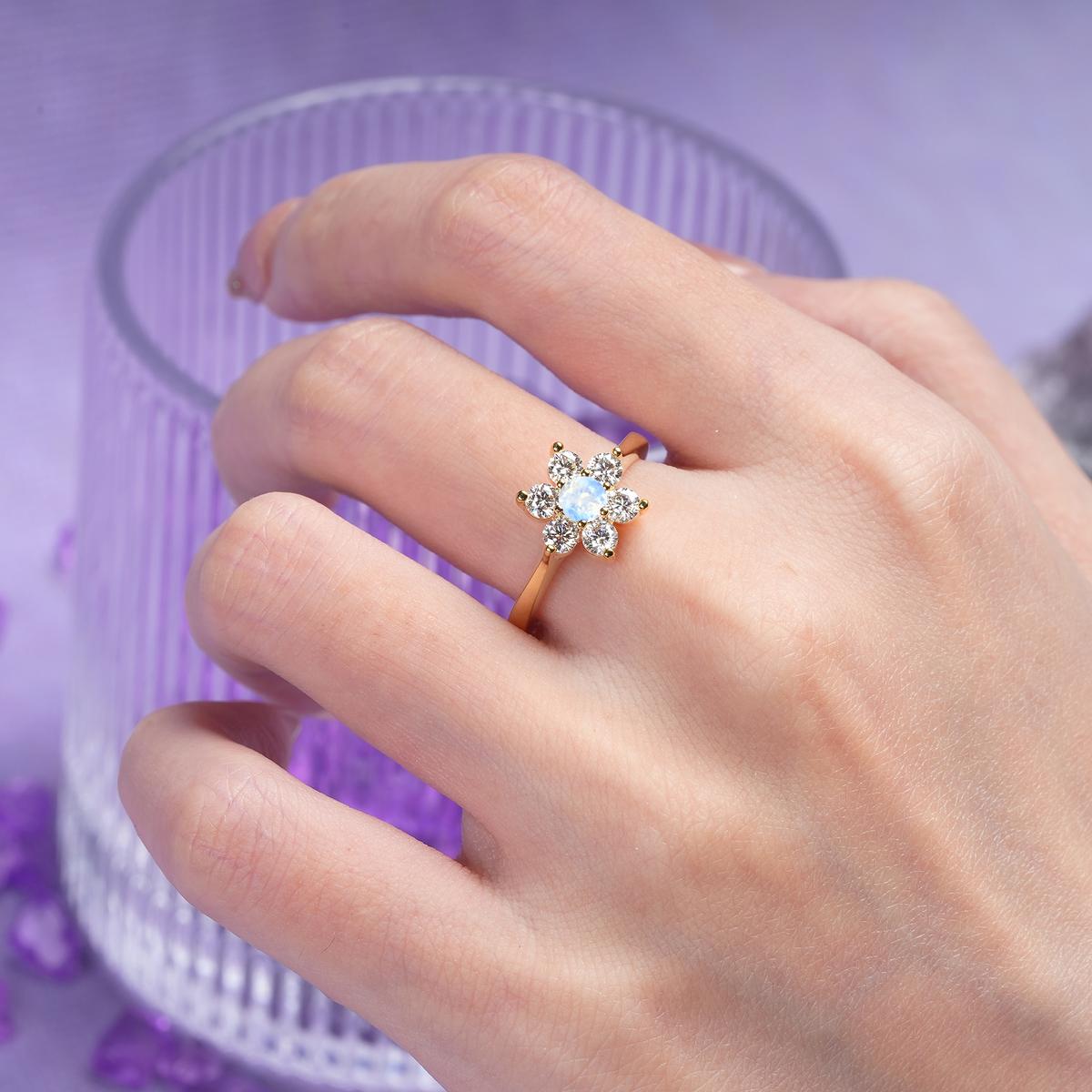 Unique Flower-Shaped 6-Prong Round Cut Moonstone Engagement Ring