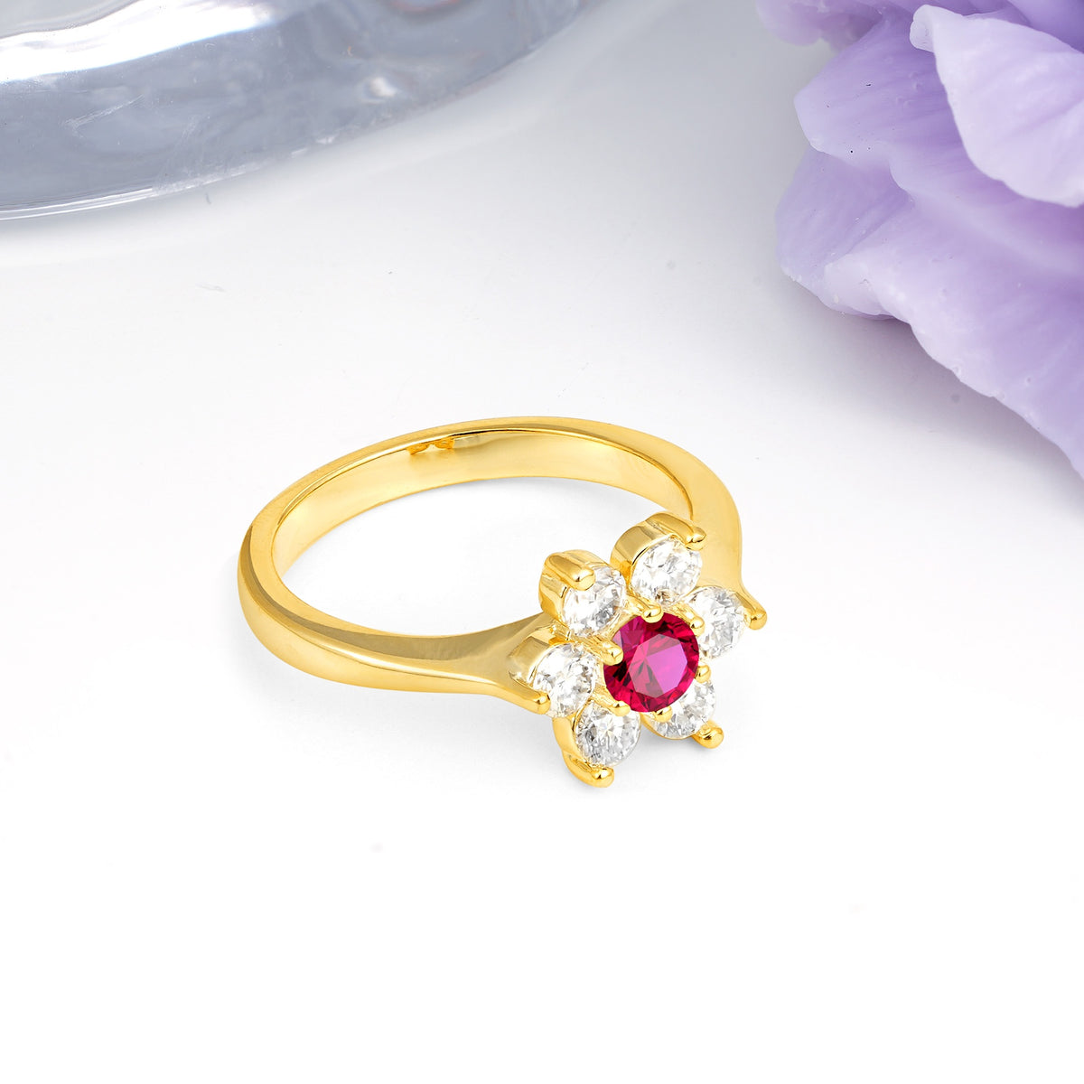 Unique Flower-Shaped 6-Prong Round Cut Ruby Engagement Ring - Additional view