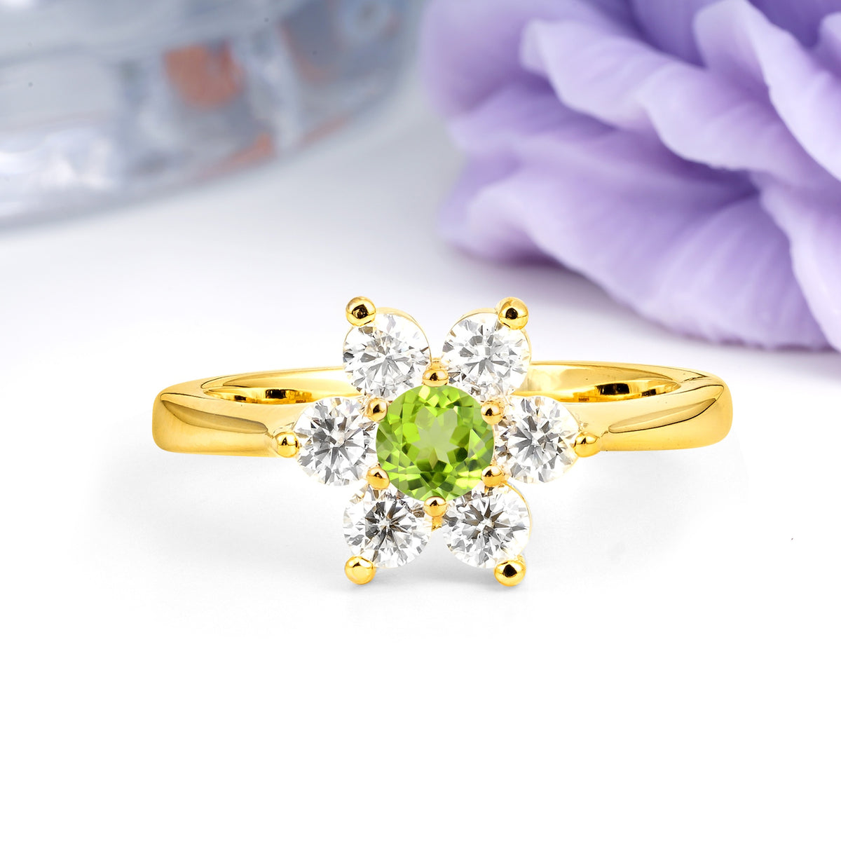Unique Flower-Shaped 6-Prong Round Cut Peridot Engagement Ring - Additional view