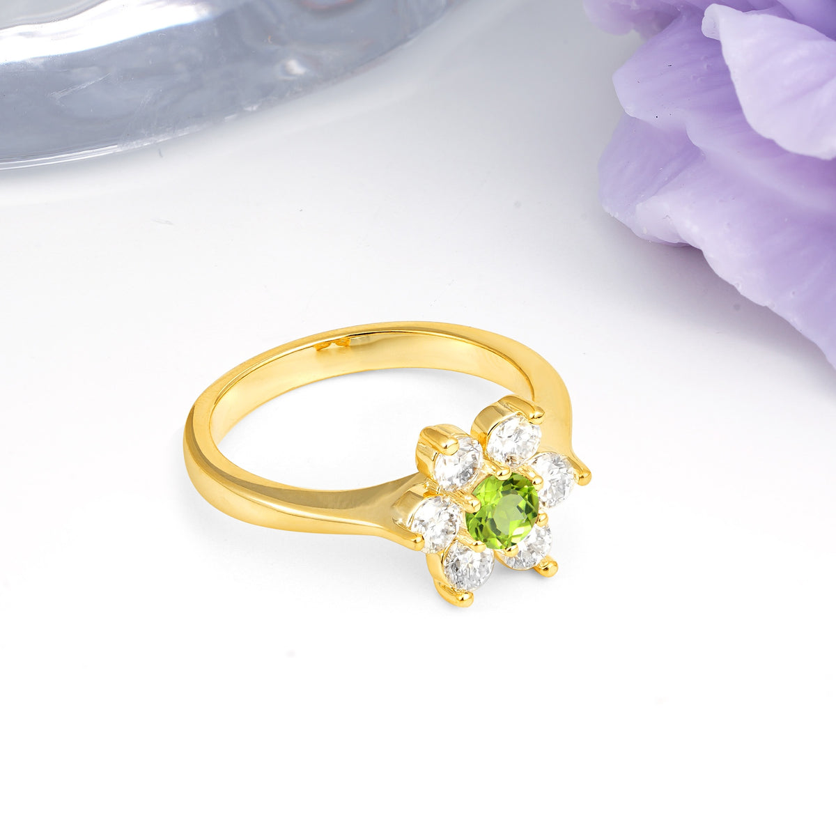 Unique Flower-Shaped 6-Prong Round Cut Peridot Engagement Ring - Additional view