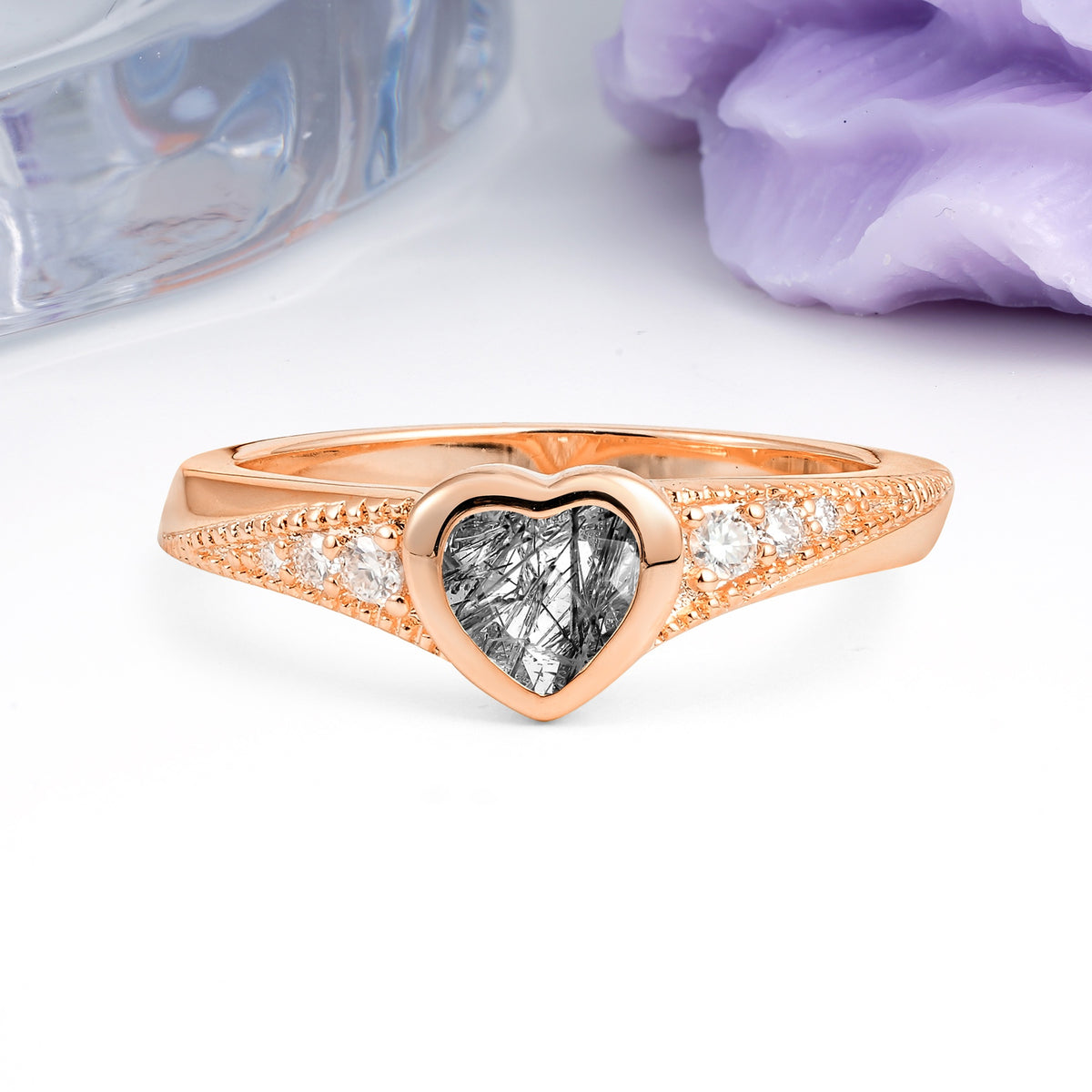 Unique Embedded Heart Cut Black Rutilated Quartz Engagement Ring - Additional view