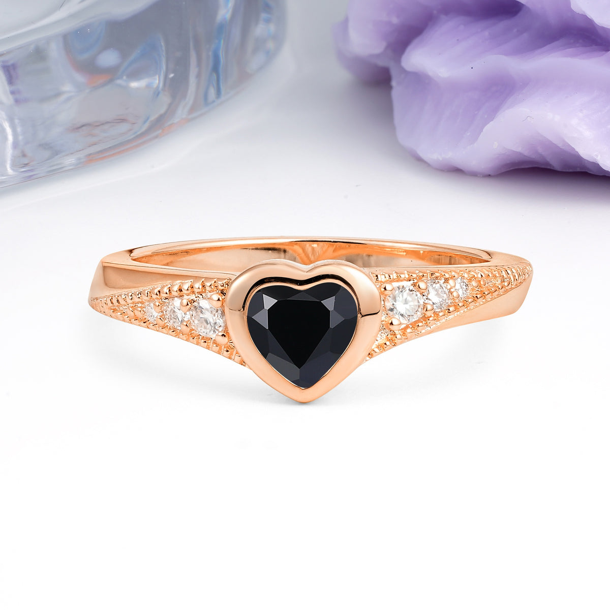 Unique Embedded Heart Cut Black Onyx Engagement Ring - Additional view