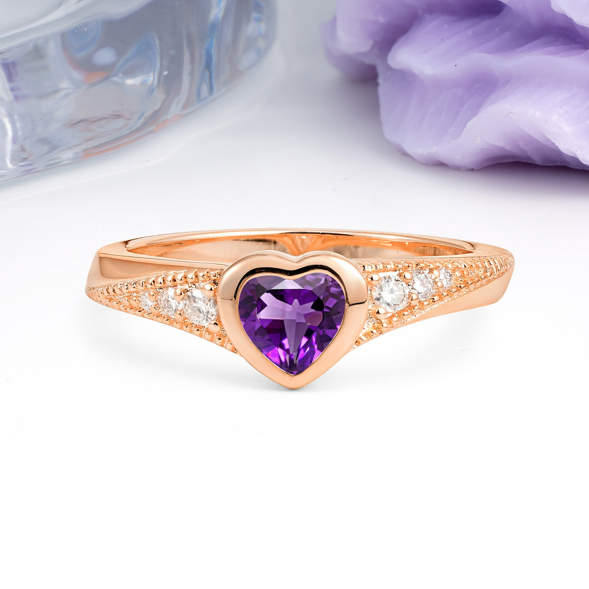 Unique Embedded Heart Cut Amethyst Engagement Ring - Additional view