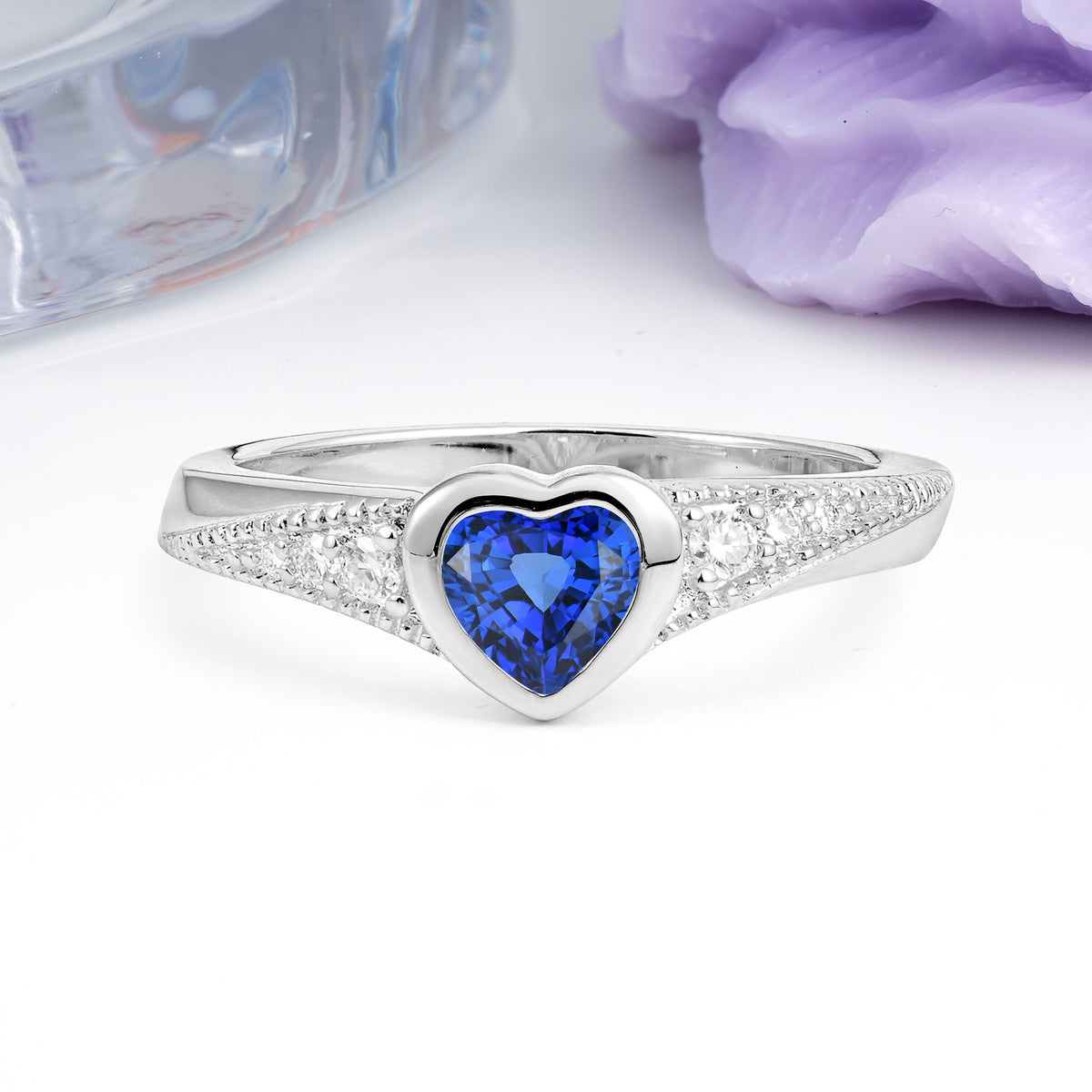 Unique Embedded Heart Cut Sapphire Engagement Ring - Additional view