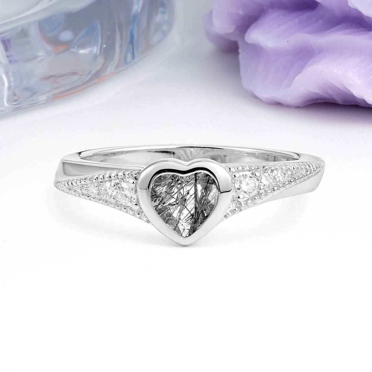 Unique Embedded Heart Cut Black Rutilated Quartz Engagement Ring - Additional view