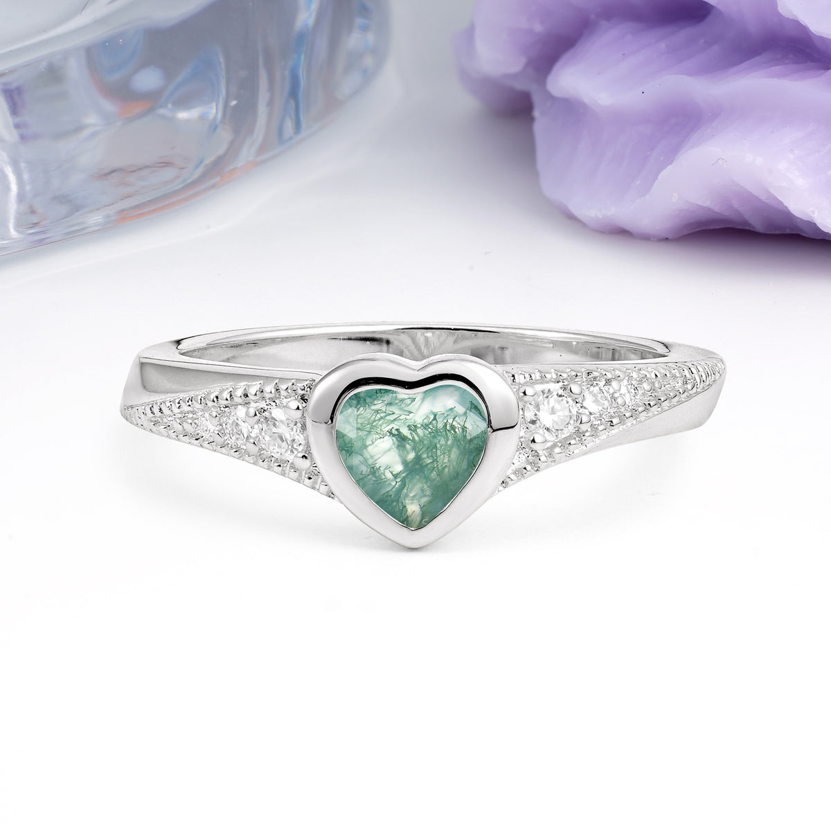 Unique Embedded Heart Cut Moss Agate Engagement Ring - Additional view