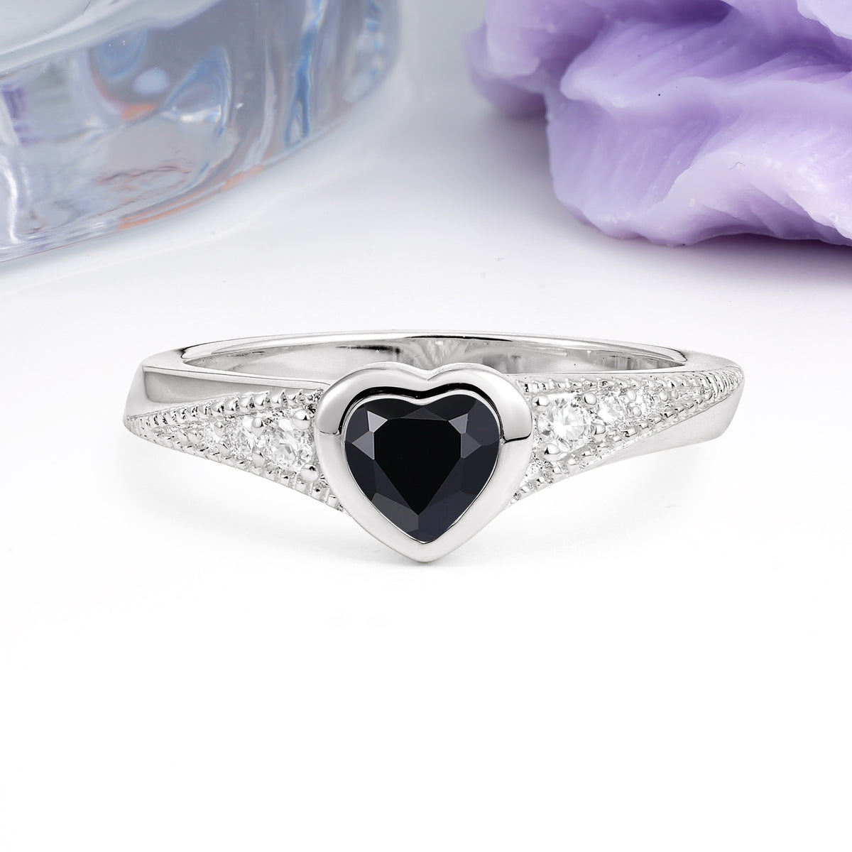 Unique Embedded Heart Cut Black Onyx Engagement Ring - Additional view