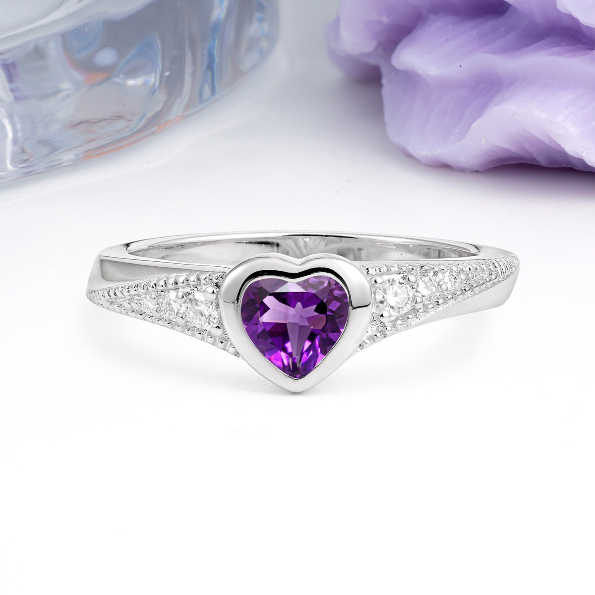 Unique Embedded Heart Cut Amethyst Engagement Ring - Additional view