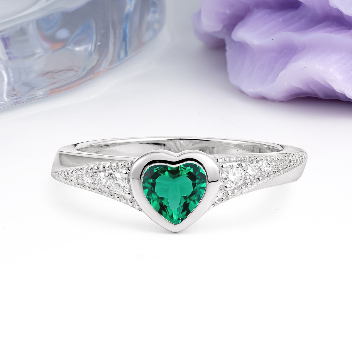 Unique Embedded Heart Cut Emerald Engagement Ring - Additional view