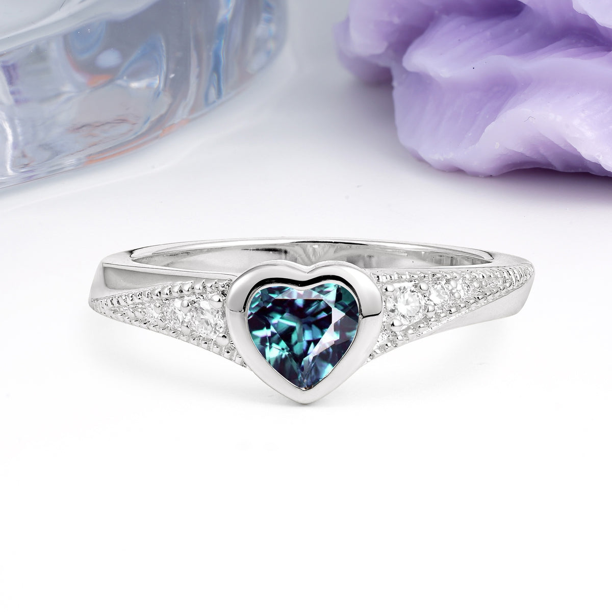 Unique Embedded Heart Cut Alexandrite Engagement Ring - Additional view