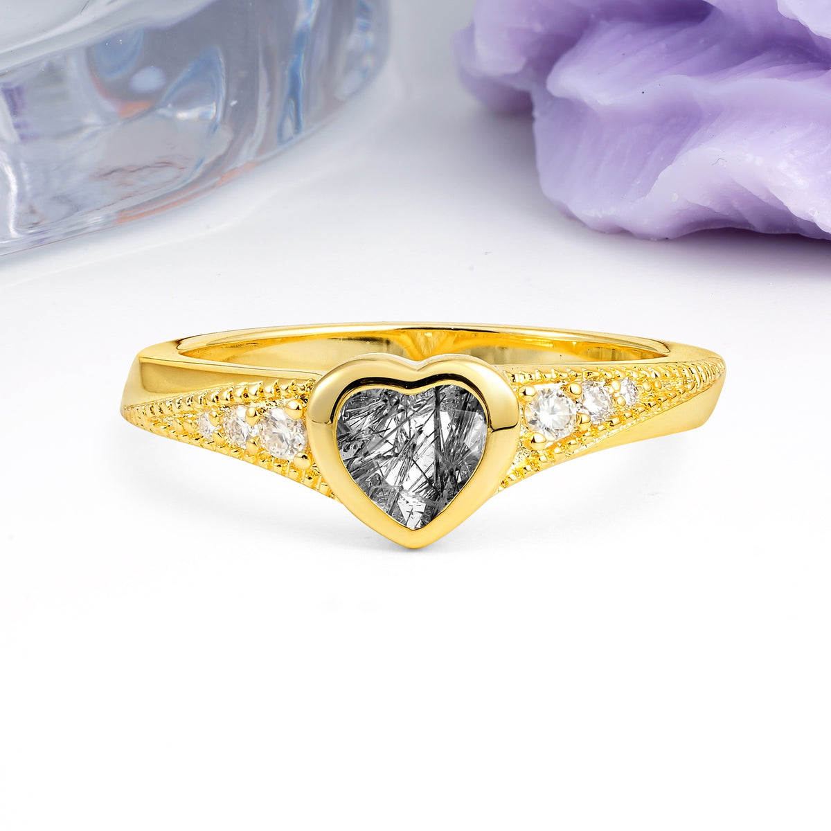 Unique Embedded Heart Cut Black Rutilated Quartz Engagement Ring - Additional view