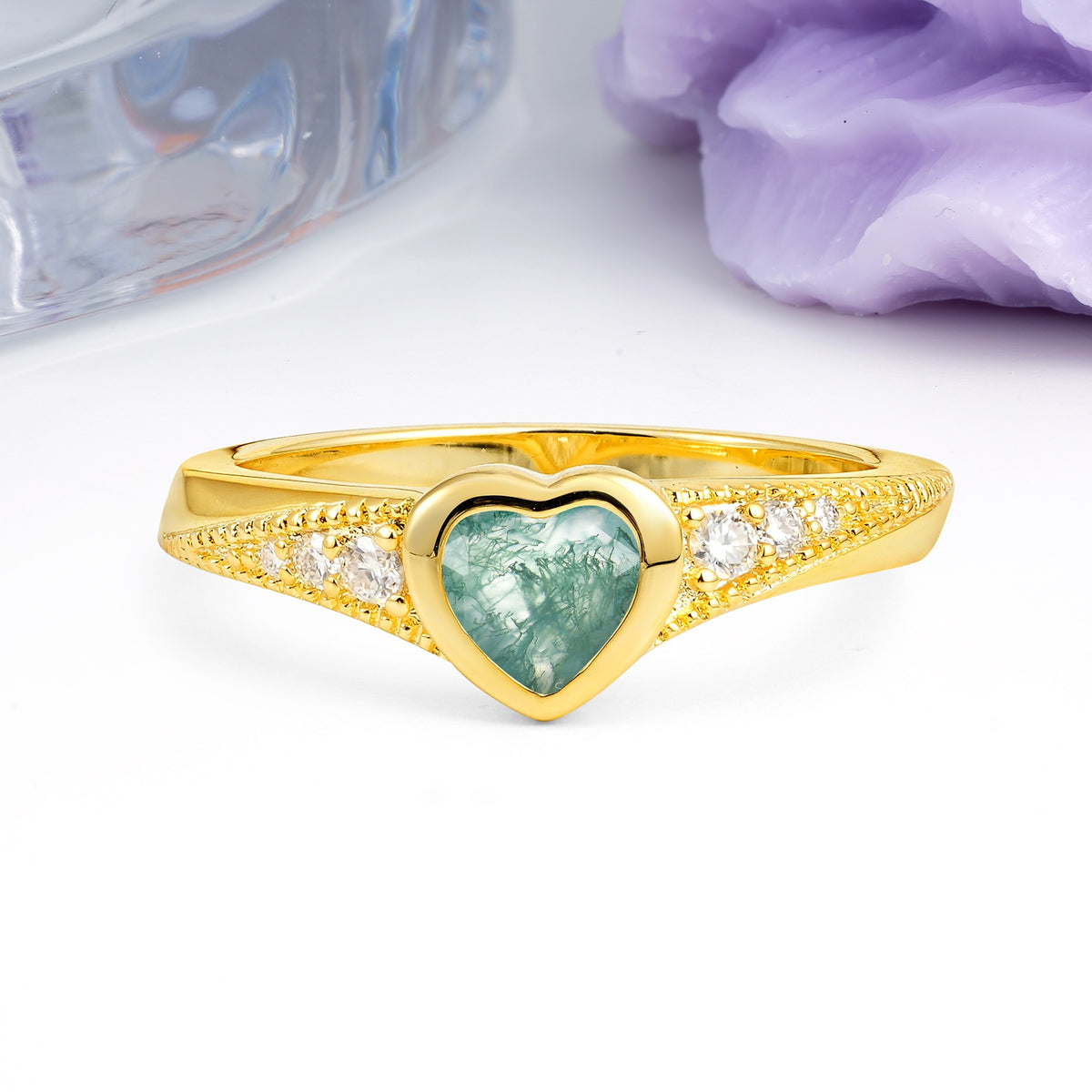 Unique Embedded Heart Cut Moss Agate Engagement Ring - Additional view