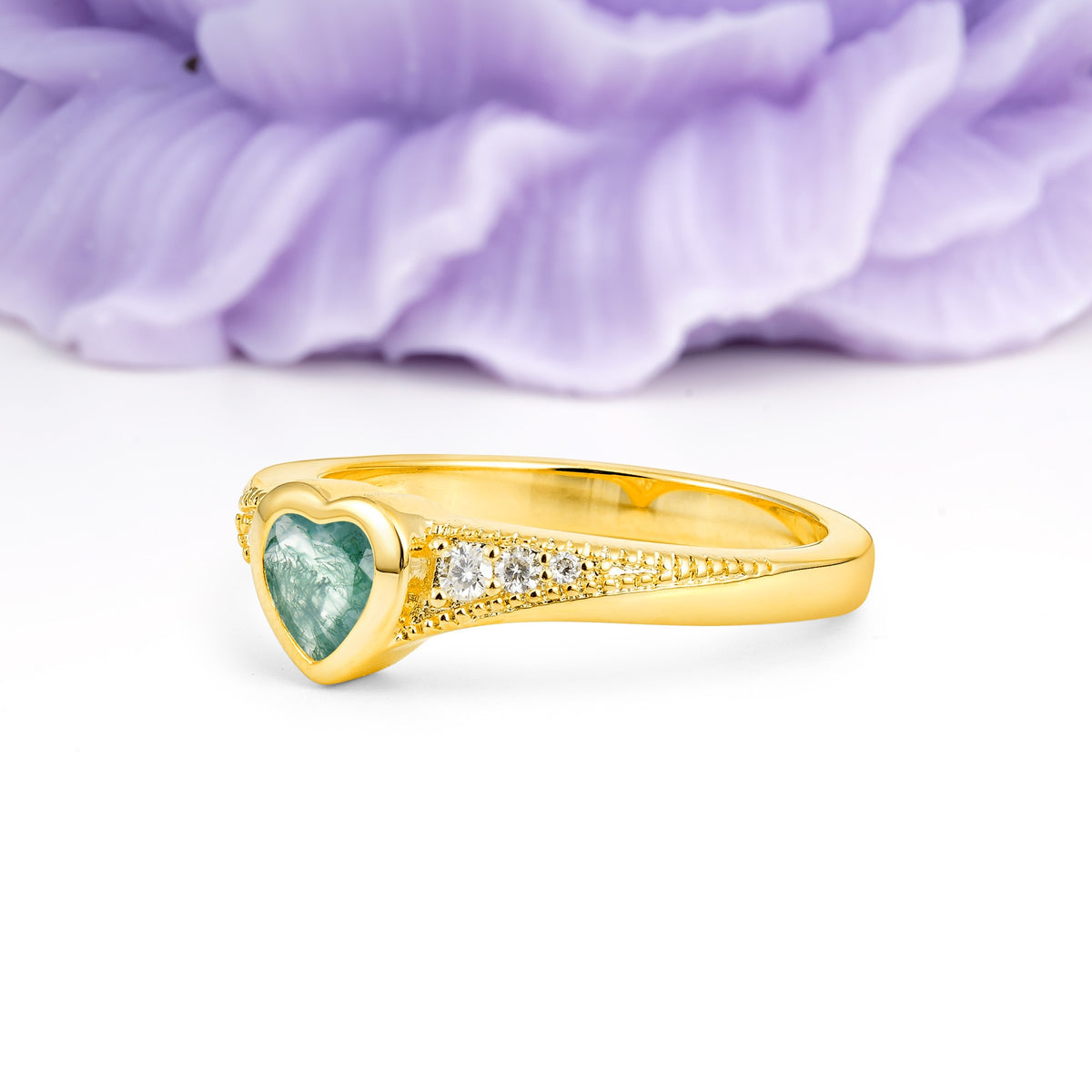 Unique Embedded Heart Cut Moss Agate Engagement Ring - Additional view