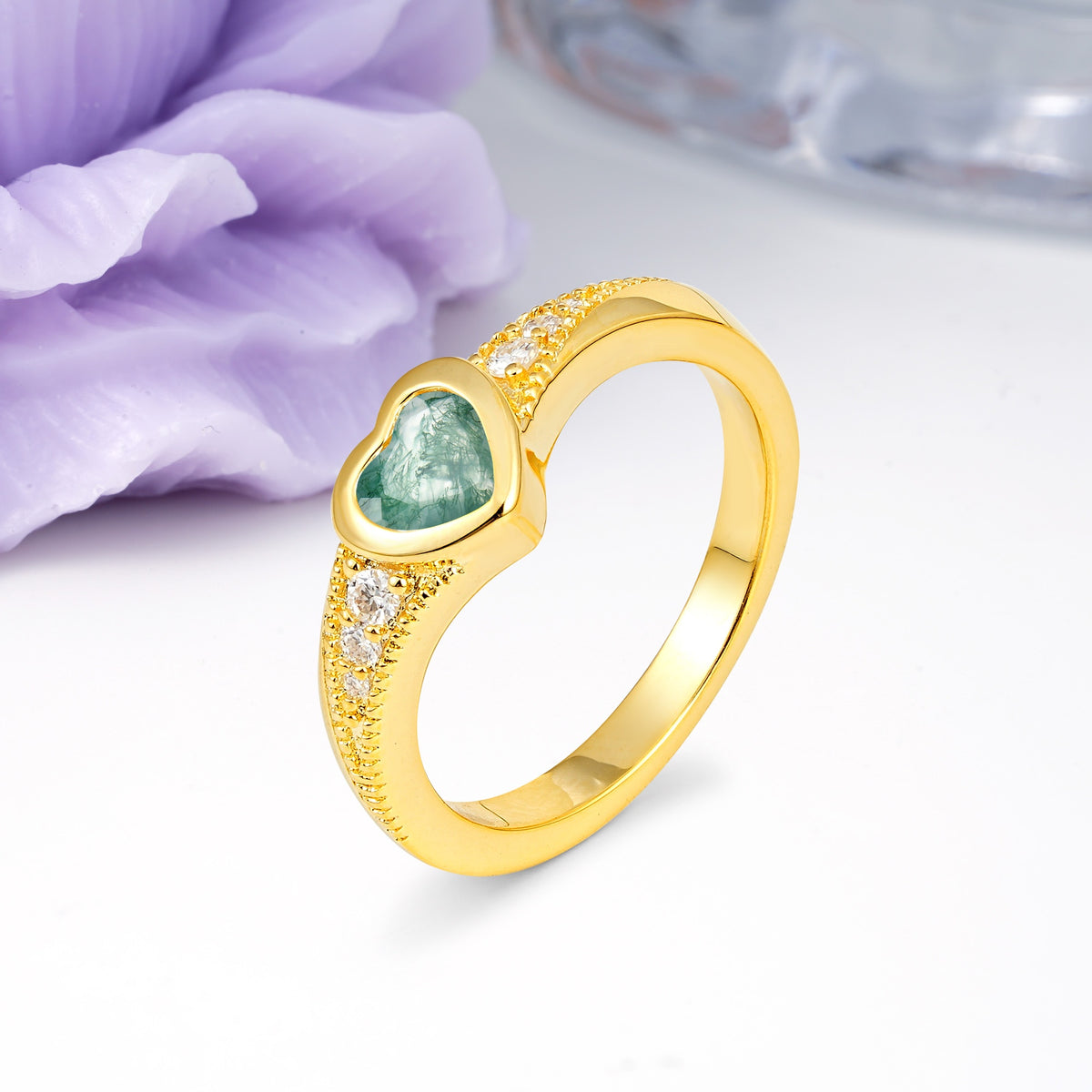 Unique Embedded Heart Cut Moss Agate Engagement Ring - Additional view