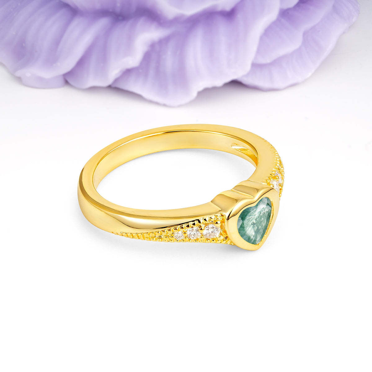 Unique Embedded Heart Cut Moss Agate Engagement Ring - Additional view
