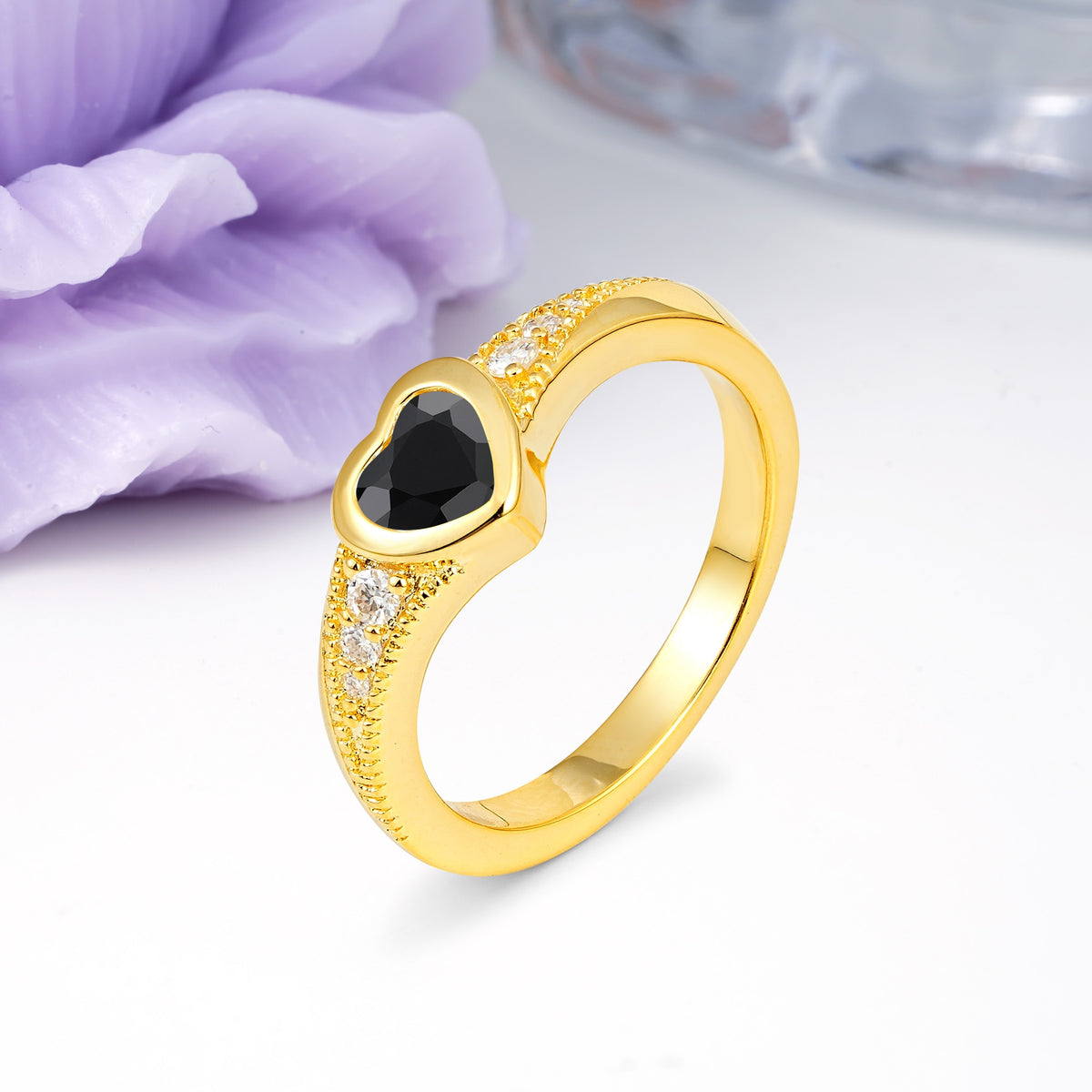 Unique Embedded Heart Cut Black Onyx Engagement Ring - Additional view