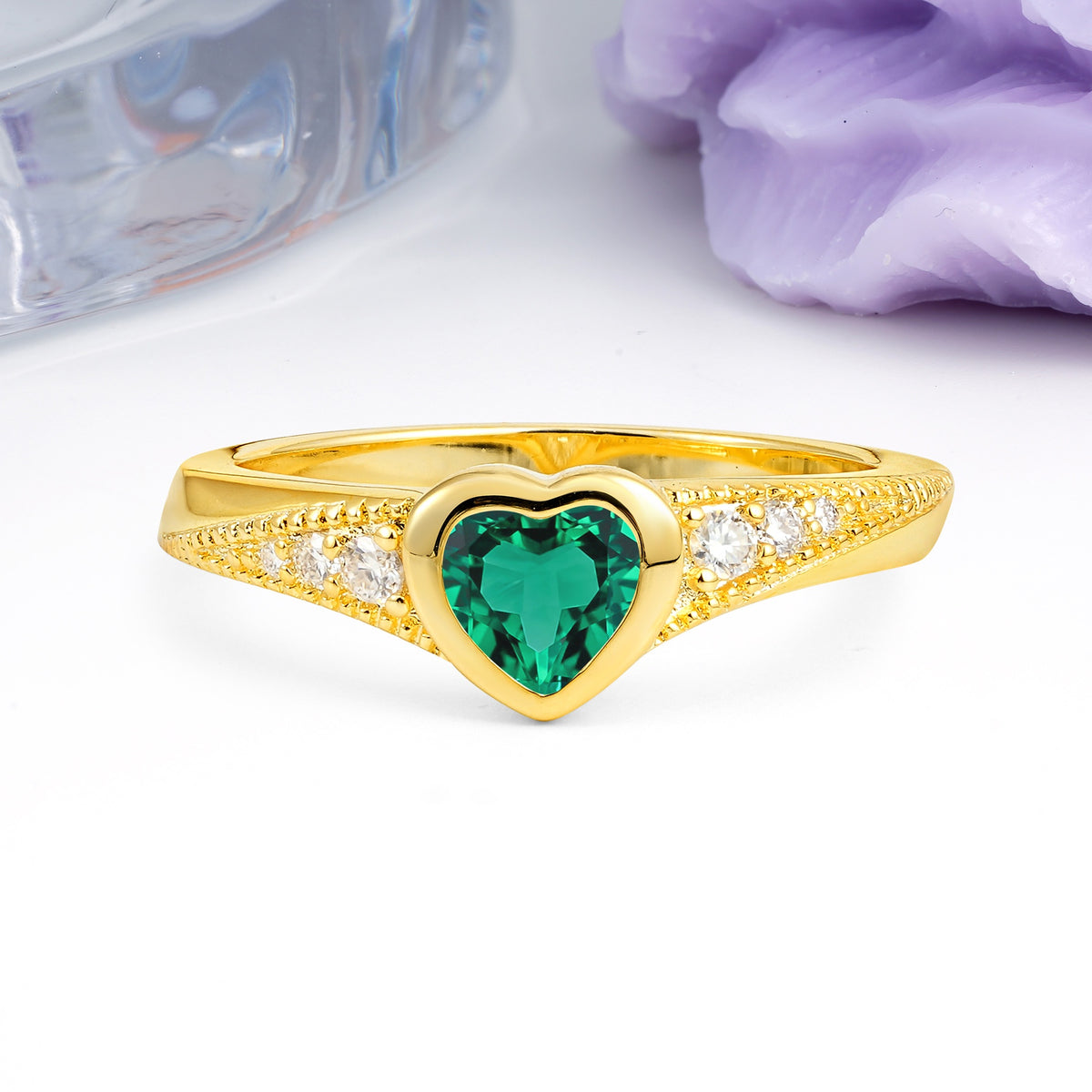 Unique Embedded Heart Cut Emerald Engagement Ring - Additional view