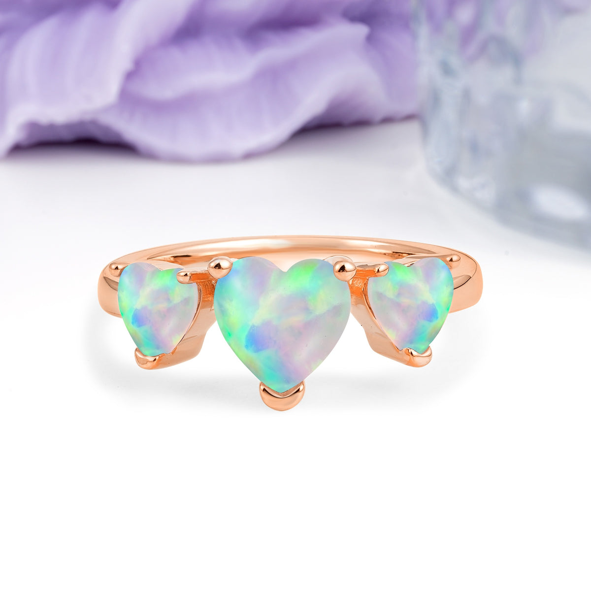 Unique 3 Prong Heart Cut Fire Opal Three stones Wedding Ring - Additional view