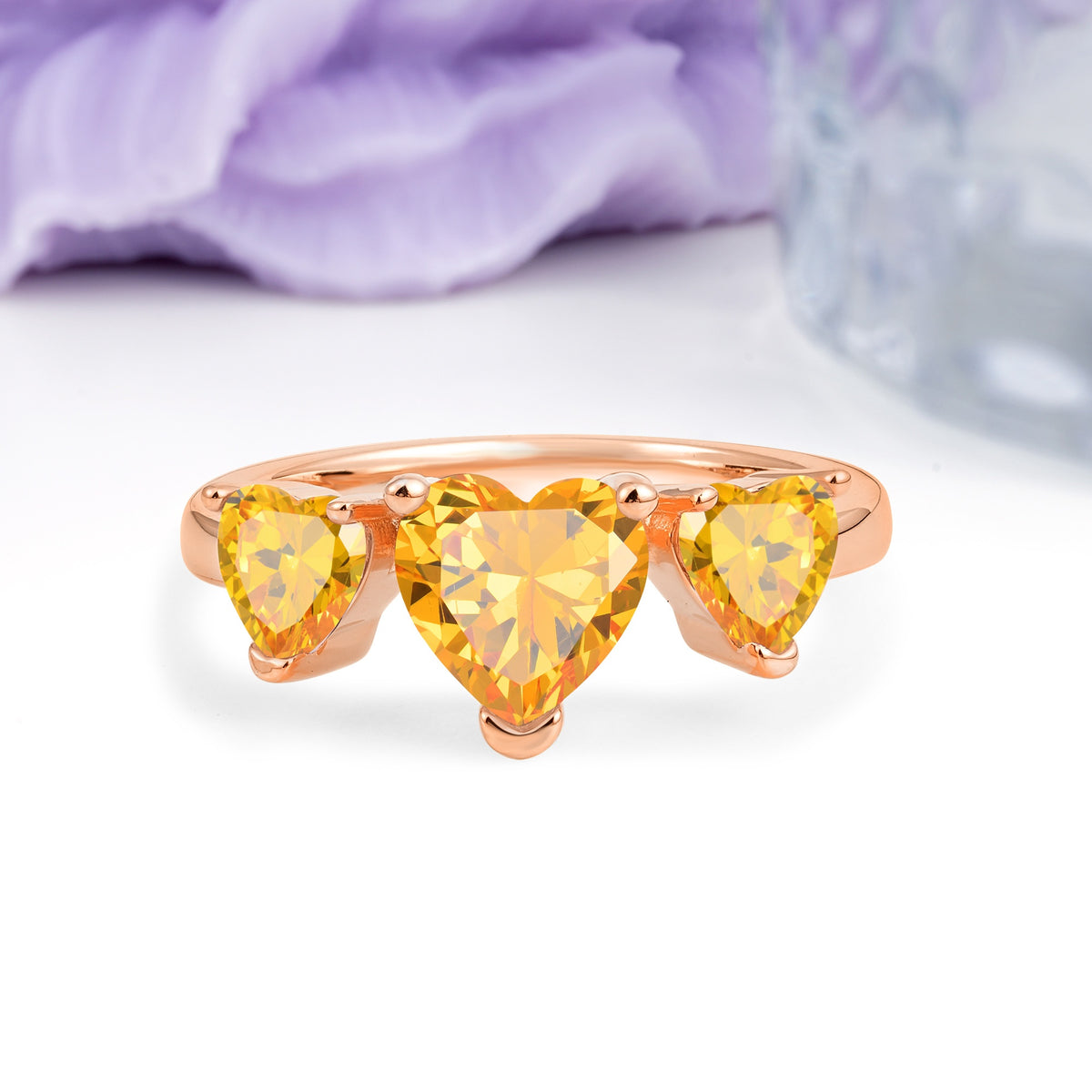 Unique 3 Prong Heart Cut Citrine Three stones Wedding Ring - Additional view