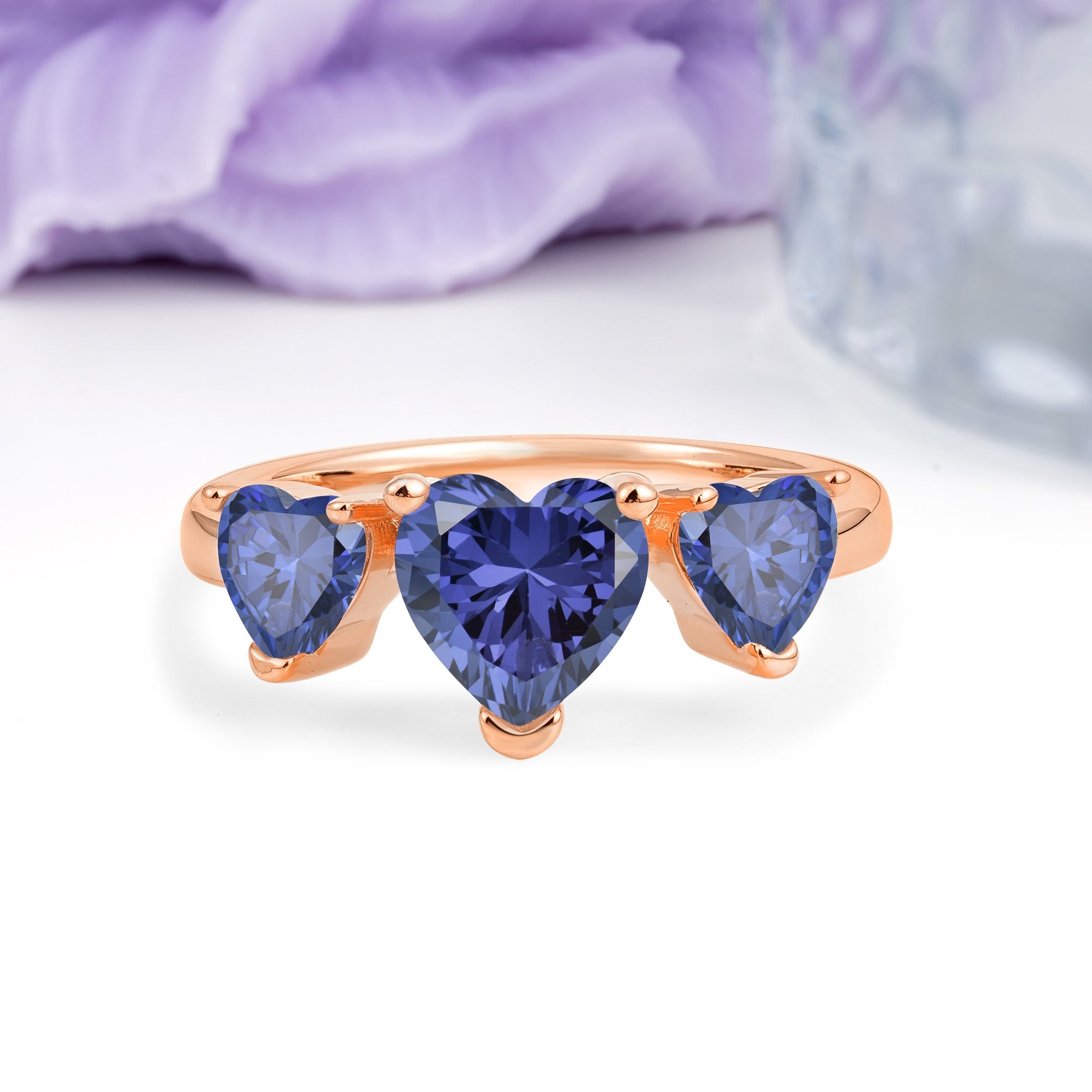 Unique 3 Prong Heart Cut Tanzanite Three stones Wedding Ring - Additional view
