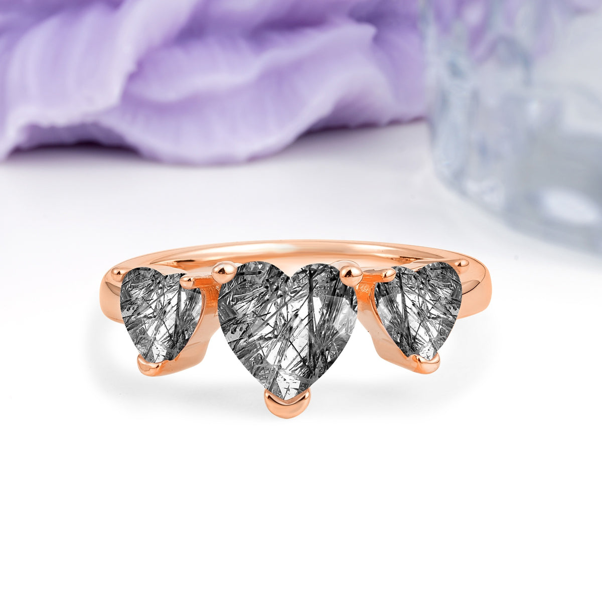 Unique 3 Prong Heart Cut Black Rutilated Quartz Three stones Wedding Ring - Additional view