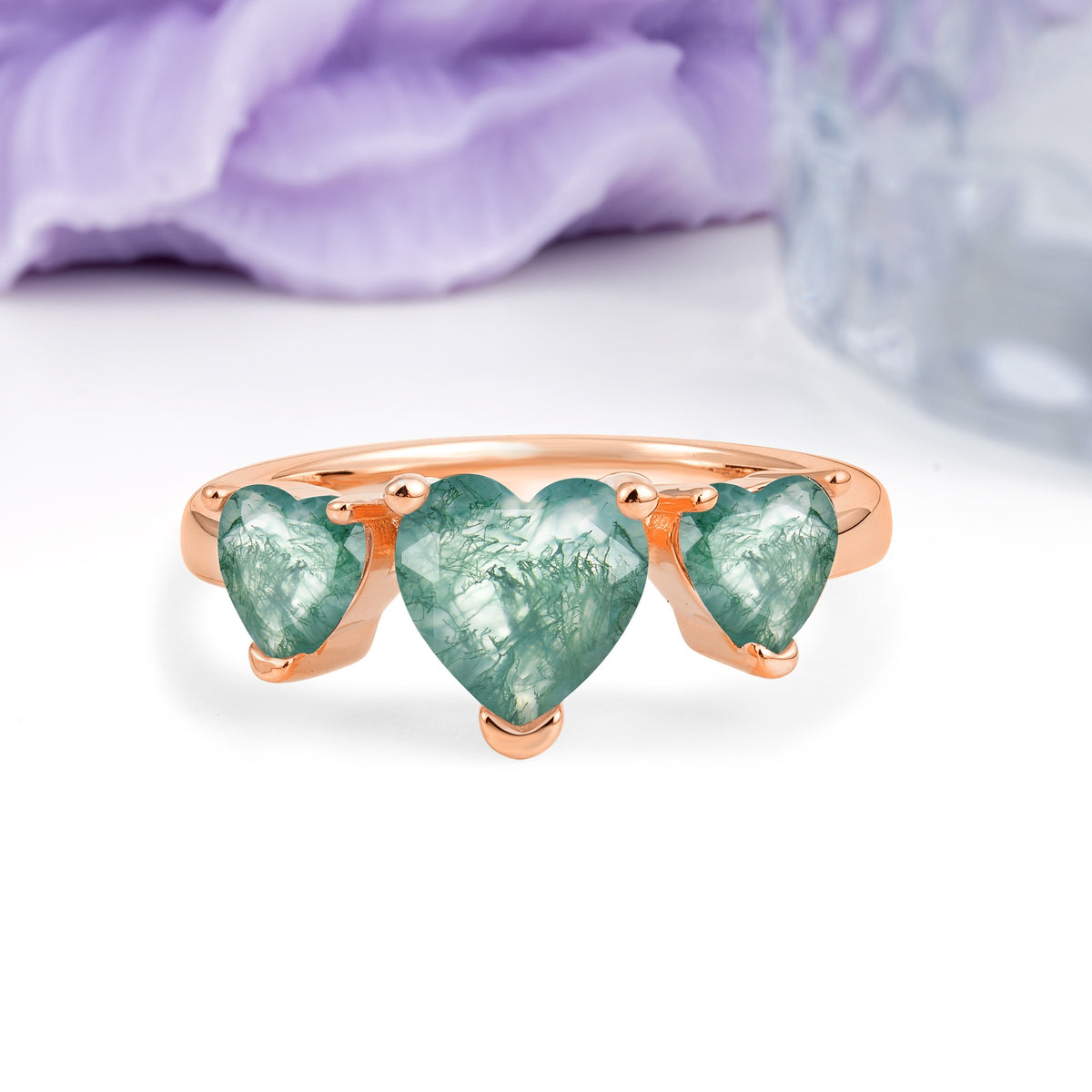 Unique 3 Prong Heart Cut Moss Agate Three stones Wedding Ring - Additional view