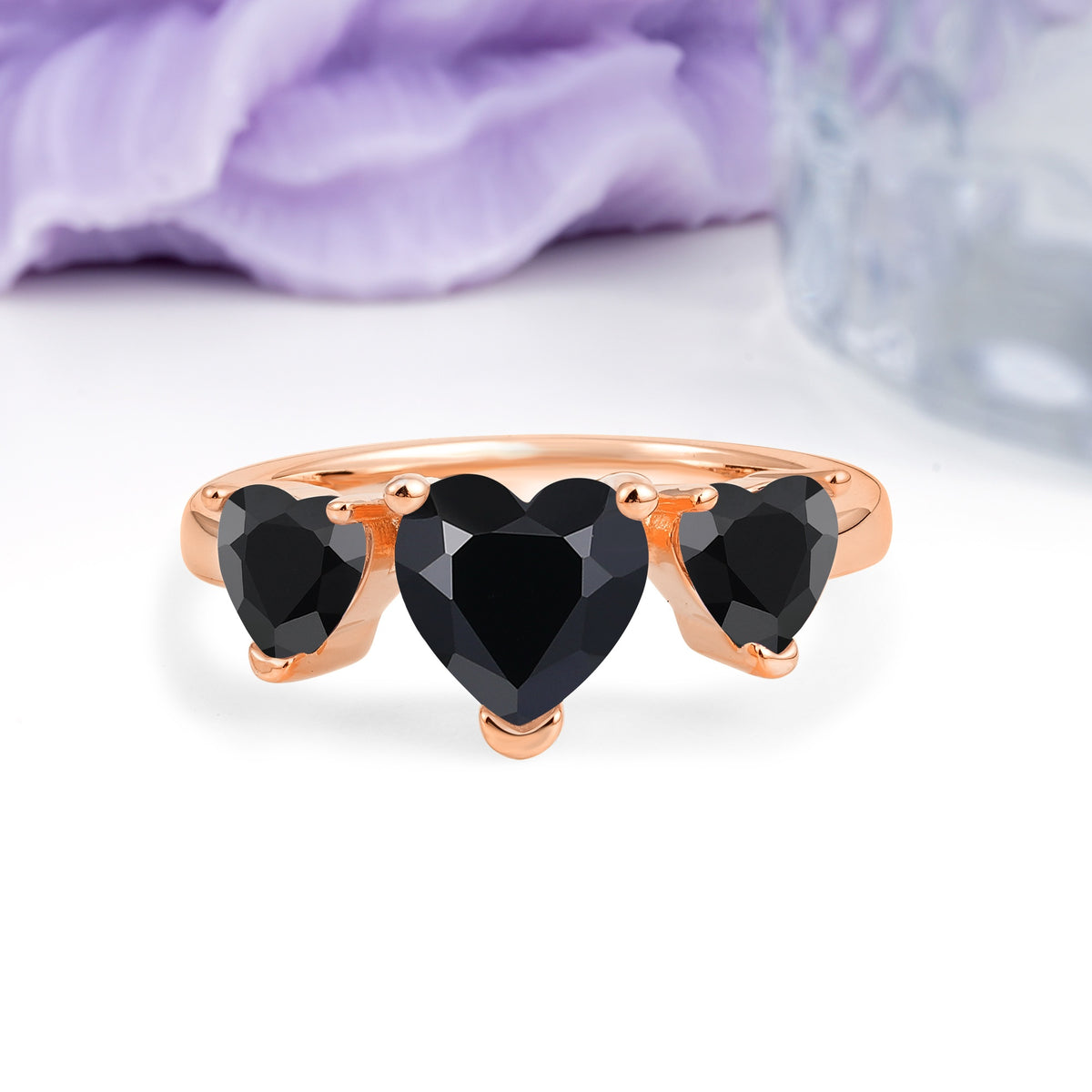 Unique 3 Prong Heart Cut Black Onyx Three stones Wedding Ring - Additional view