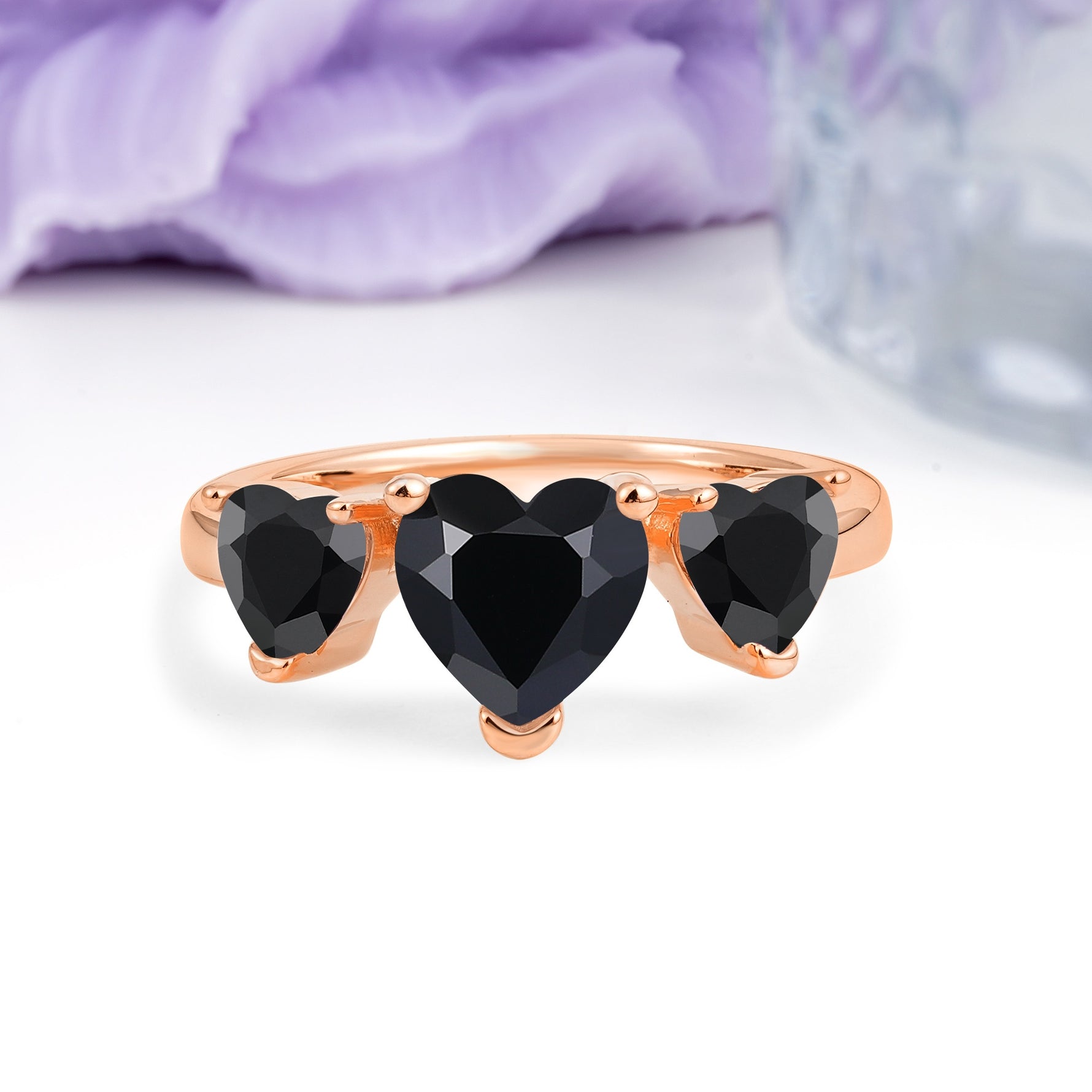 Unique 3 Prong Heart Cut Black Onyx Three stones Wedding Ring - Additional view