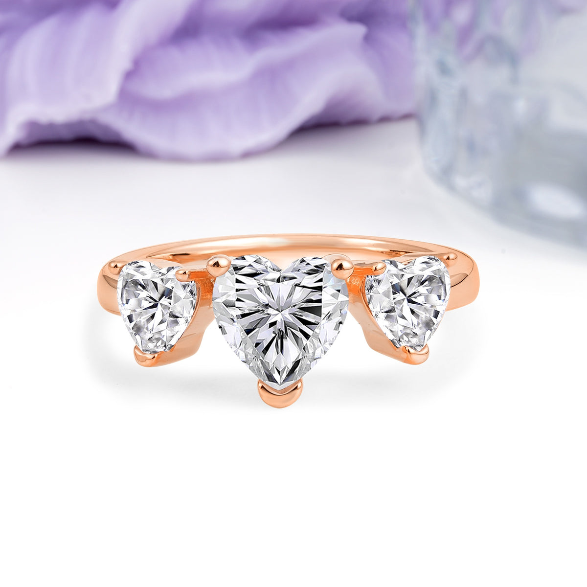 Unique 3 Prong Heart Cut Lab Diamond Three stones Wedding Ring - Additional view