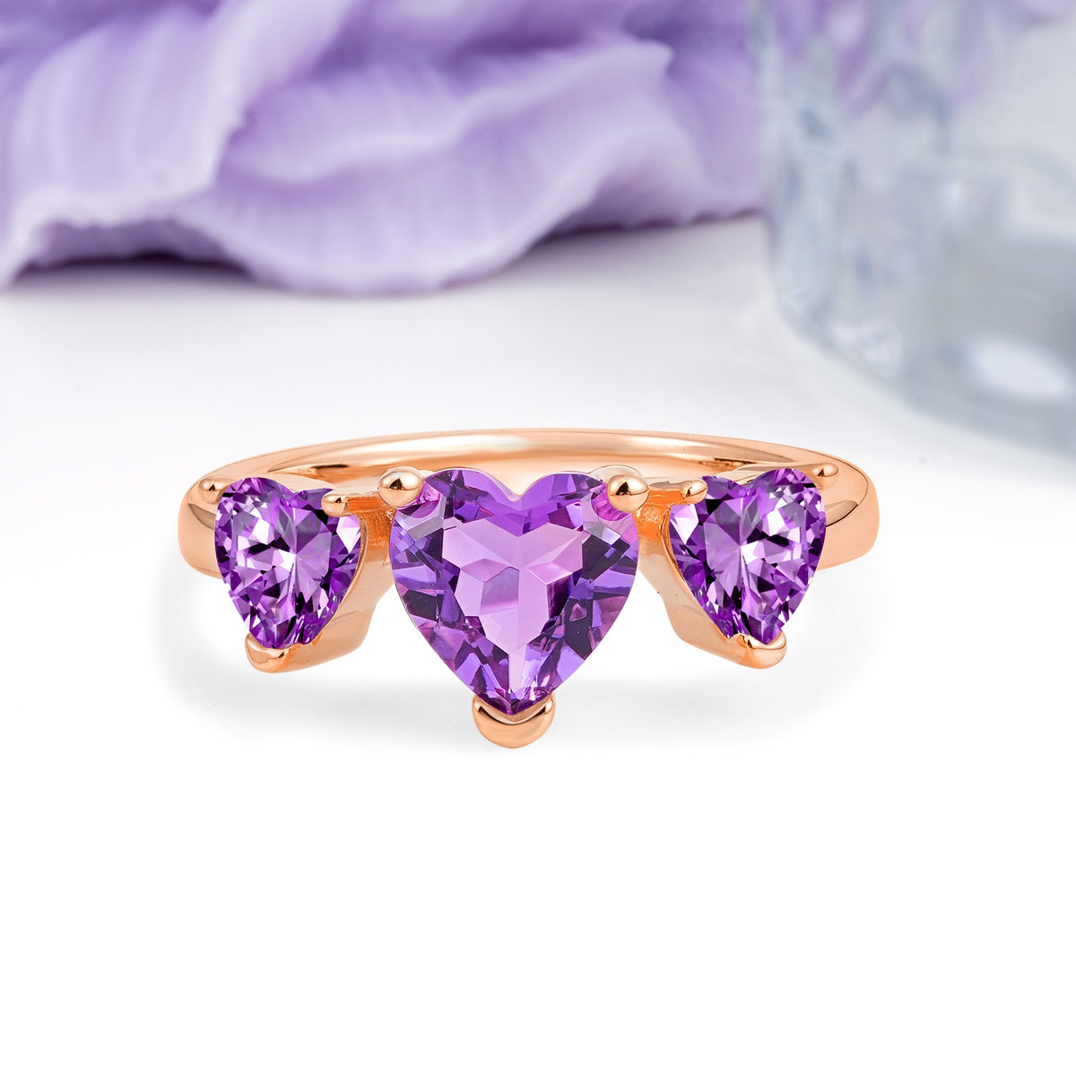 Unique 3 Prong Heart Cut Amethyst Three stones Wedding Ring - Additional view