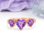 Unique 3 Prong Heart Cut Amethyst Three stones Wedding Ring - Additional view