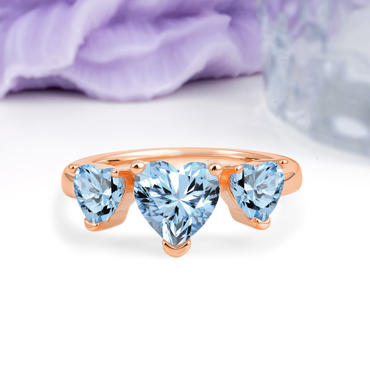 Unique 3 Prong Heart Cut Aquamarine Three stones Wedding Ring - Additional view