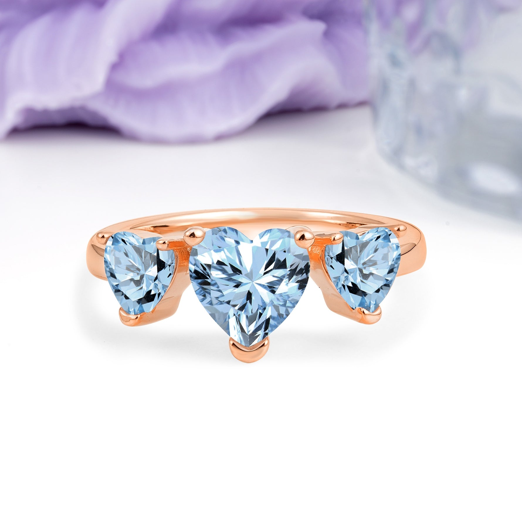 Unique 3 Prong Heart Cut Aquamarine Three stones Wedding Ring - Additional view