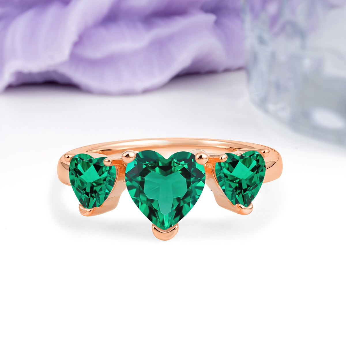 Unique 3 Prong Heart Cut Emerald Three stones Wedding Ring - Additional view