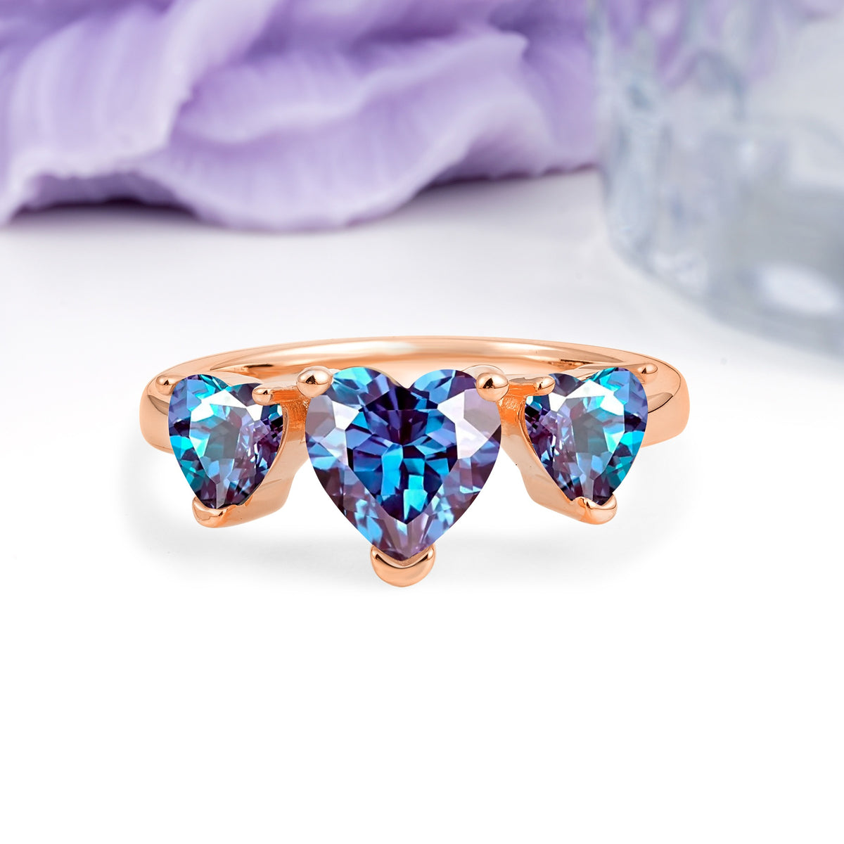 Unique 3 Prong Heart Cut Alexandrite Three stones Wedding Ring - Additional view