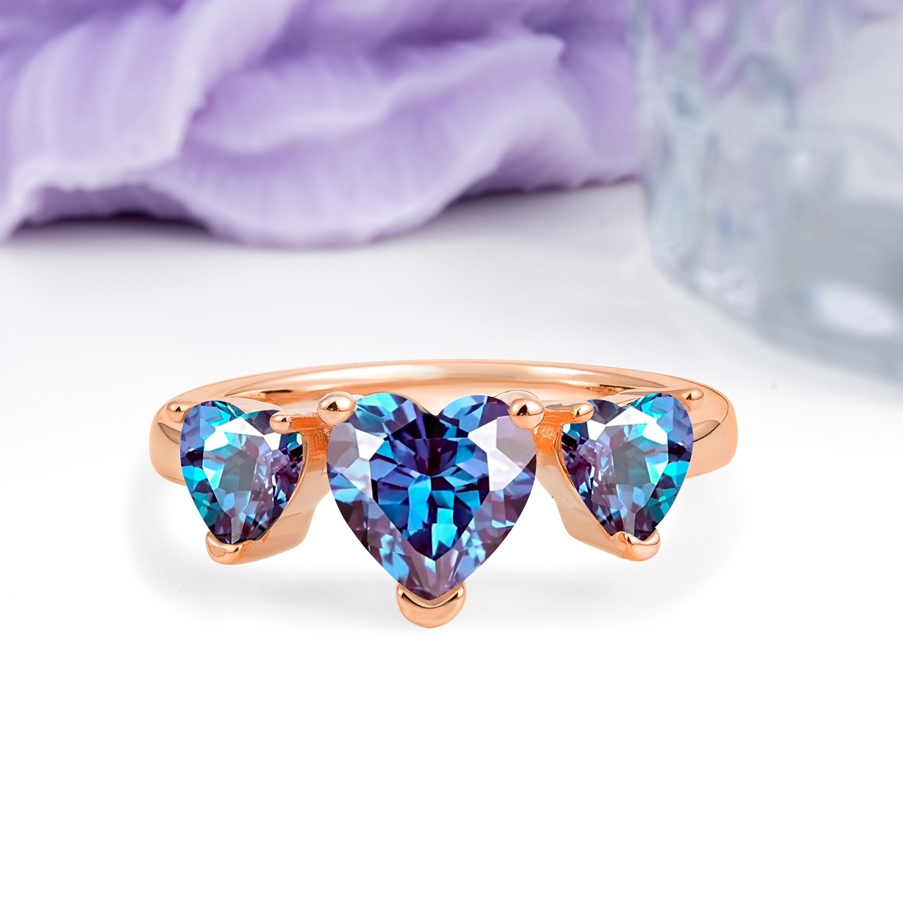 Unique 3 Prong Heart Cut Alexandrite Three stones Wedding Ring - Additional view