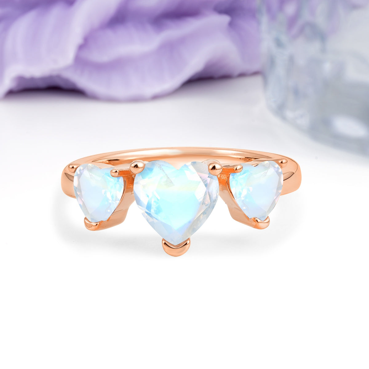 Unique 3 Prong Heart Cut Moonstone Three stones Wedding Ring - Additional view