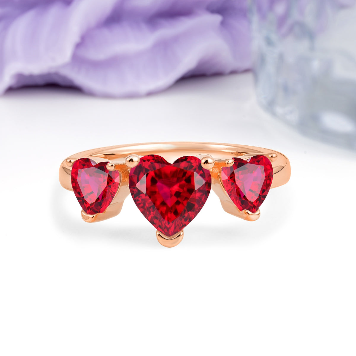 Unique 3 Prong Heart Cut Ruby Three stones Wedding Ring - Additional view