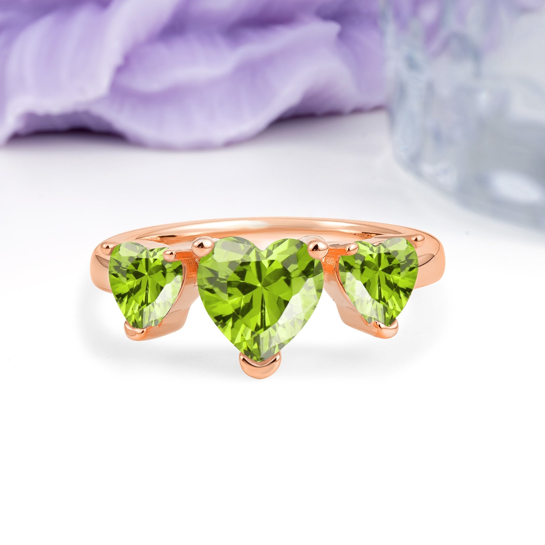 Unique 3 Prong Heart Cut Peridot Three stones Wedding Ring - Additional view