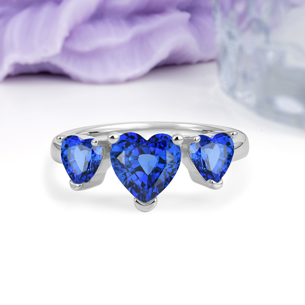 Unique 3 Prong Heart Cut Sapphire Three stones Wedding Ring - Additional view