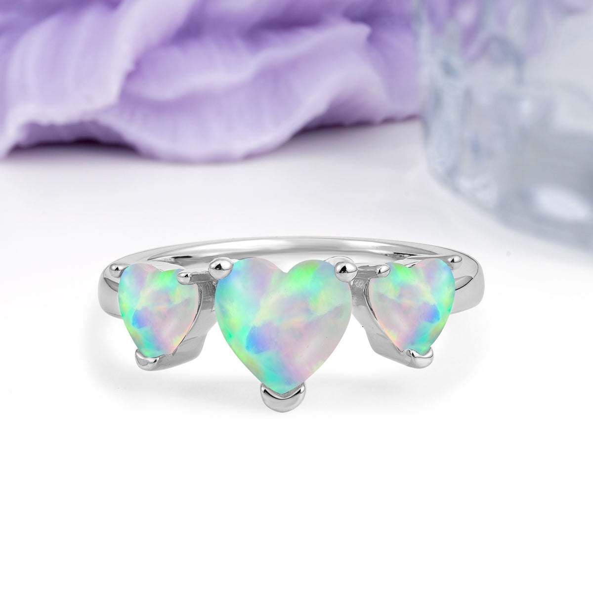 Unique 3 Prong Heart Cut Fire Opal Three stones Wedding Ring - Additional view