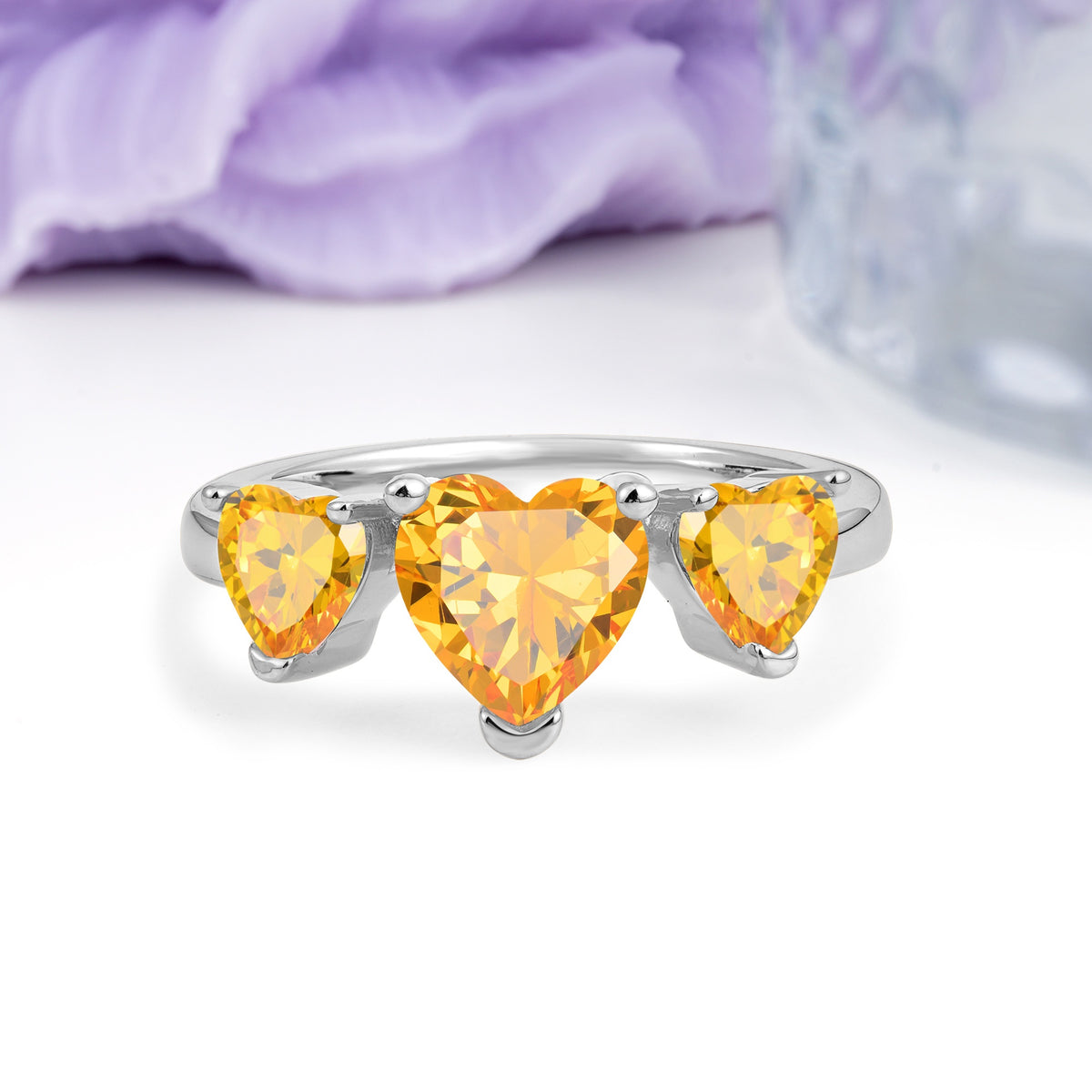 Unique 3 Prong Heart Cut Citrine Three stones Wedding Ring - Additional view