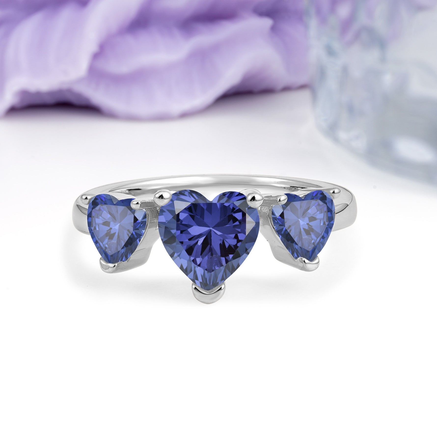 Unique 3 Prong Heart Cut Tanzanite Three stones Wedding Ring - Additional view