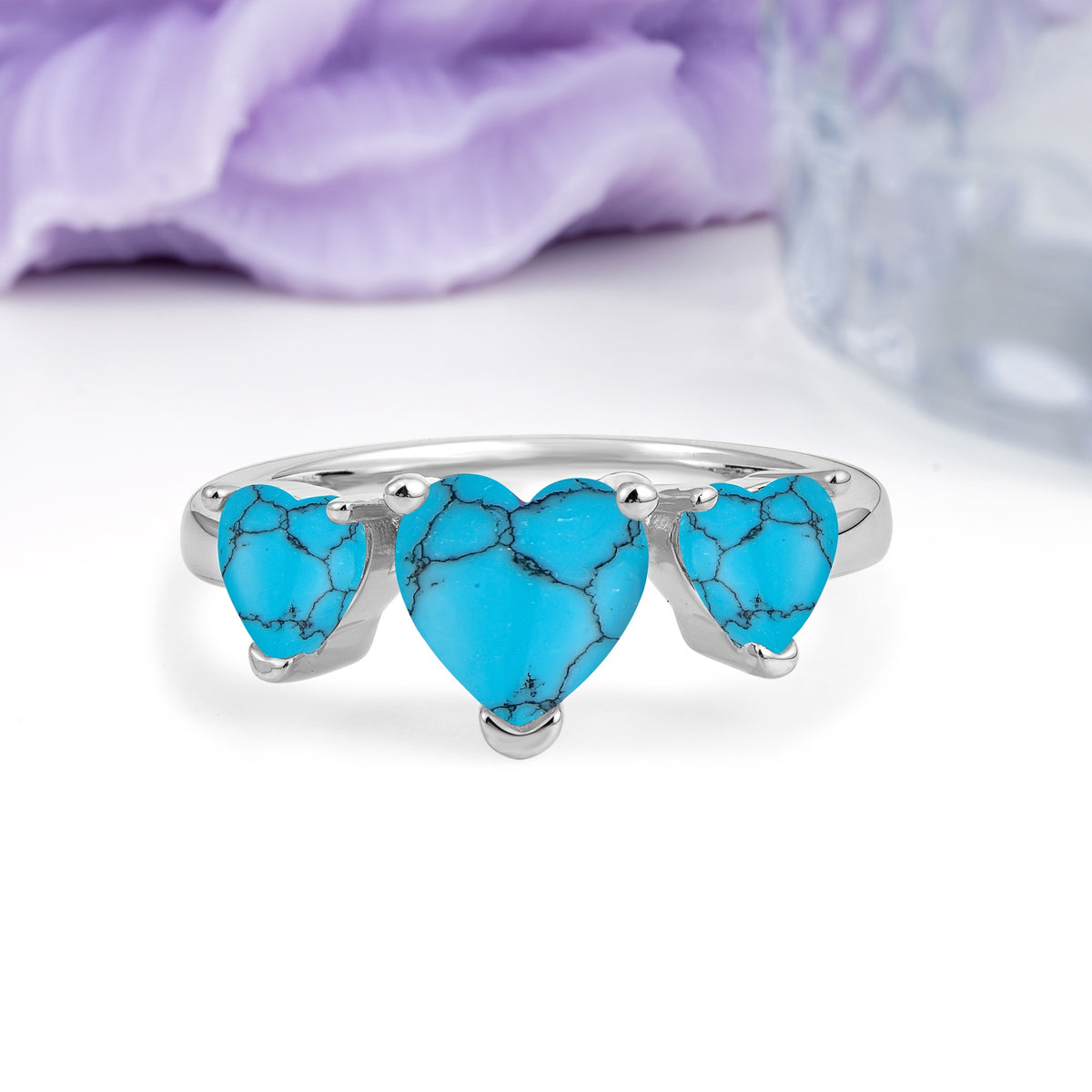 Unique 3 Prong Heart Cut Turquoise Three stones Wedding Ring - Additional view